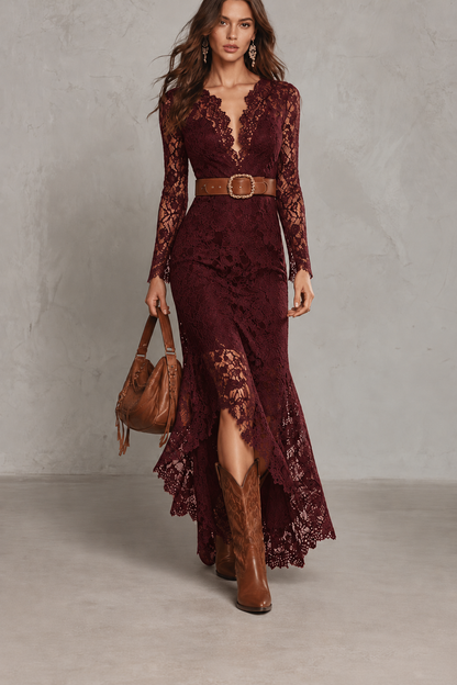 Vintage Bohemian-Style Long-Sleeved Lace Midi Dress
