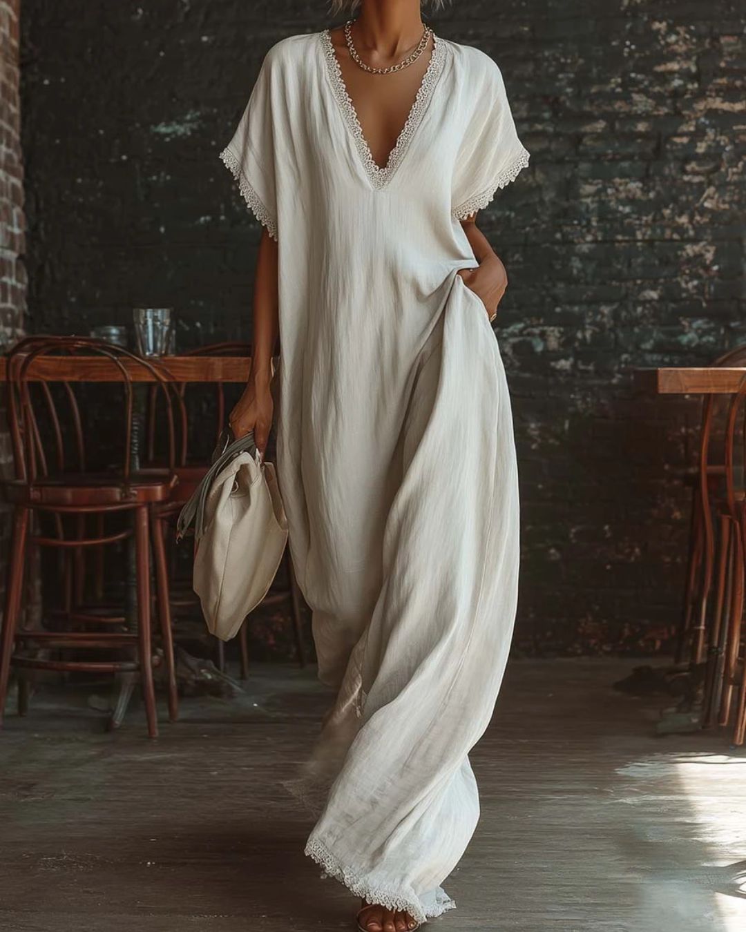 Curvvvy™ Boho Lace Trim Flowy A-Line Maxi Dress