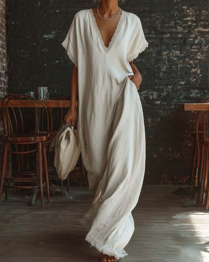 Curvvvy™ Boho Lace Trim Flowy A-Line Maxi Dress