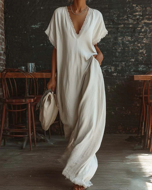 Curvvvy™ Boho Lace Trim Flowy A-Line Maxi Dress