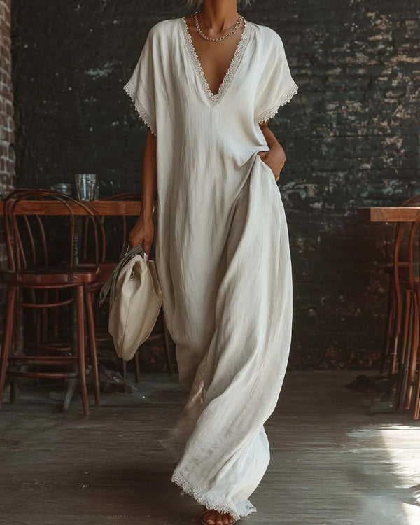 Curvvvy™ Boho Lace Trim Flowy A-Line Maxi Dress