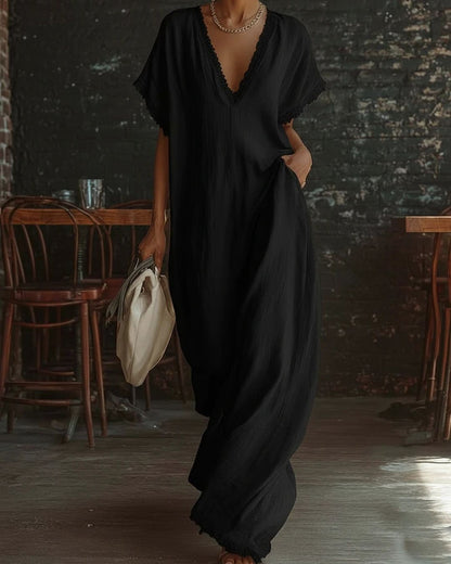 Curvvvy™ Boho Lace Trim Flowy A-Line Maxi Dress