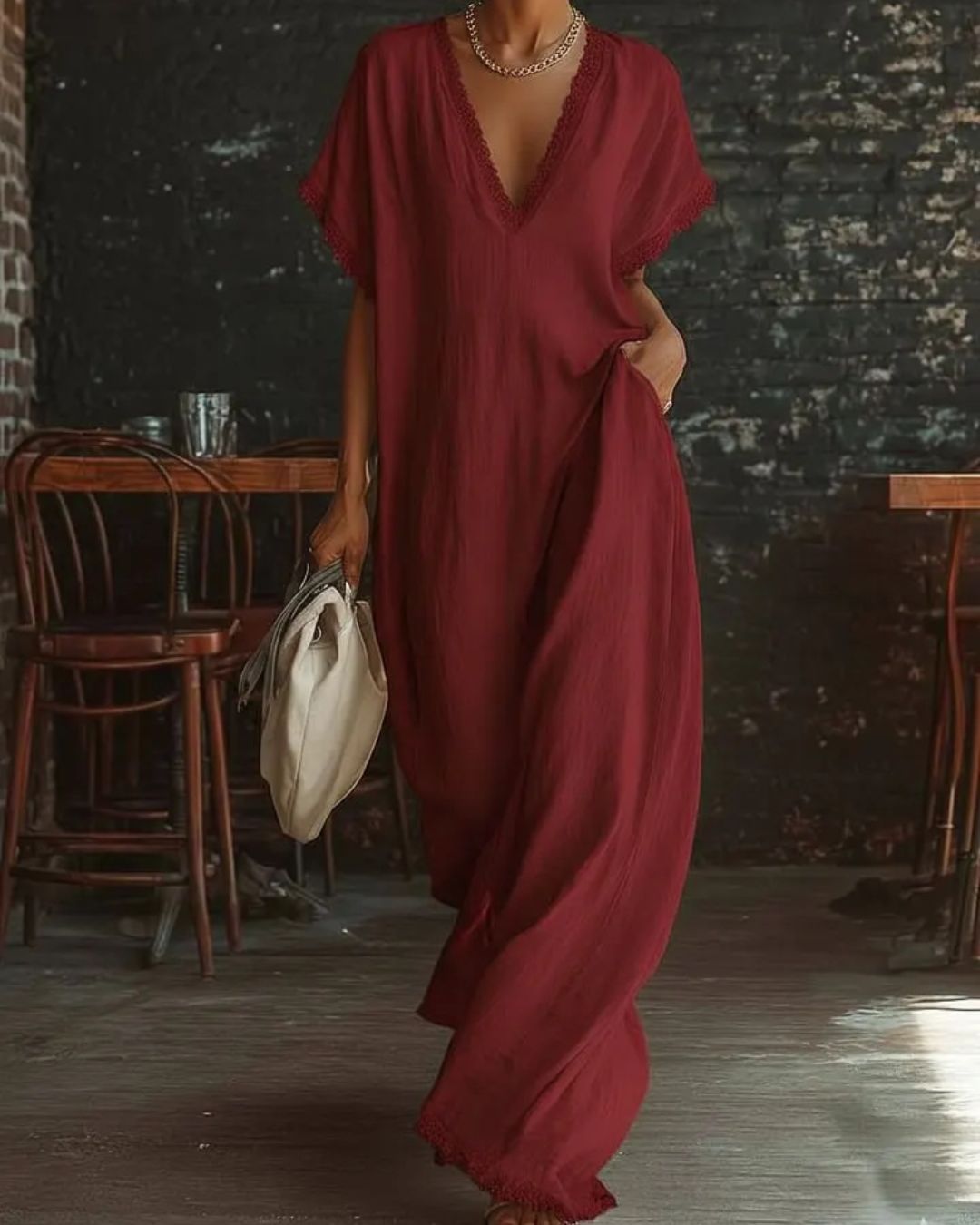 Curvvvy™ Boho Lace Trim Flowy A-Line Maxi Dress