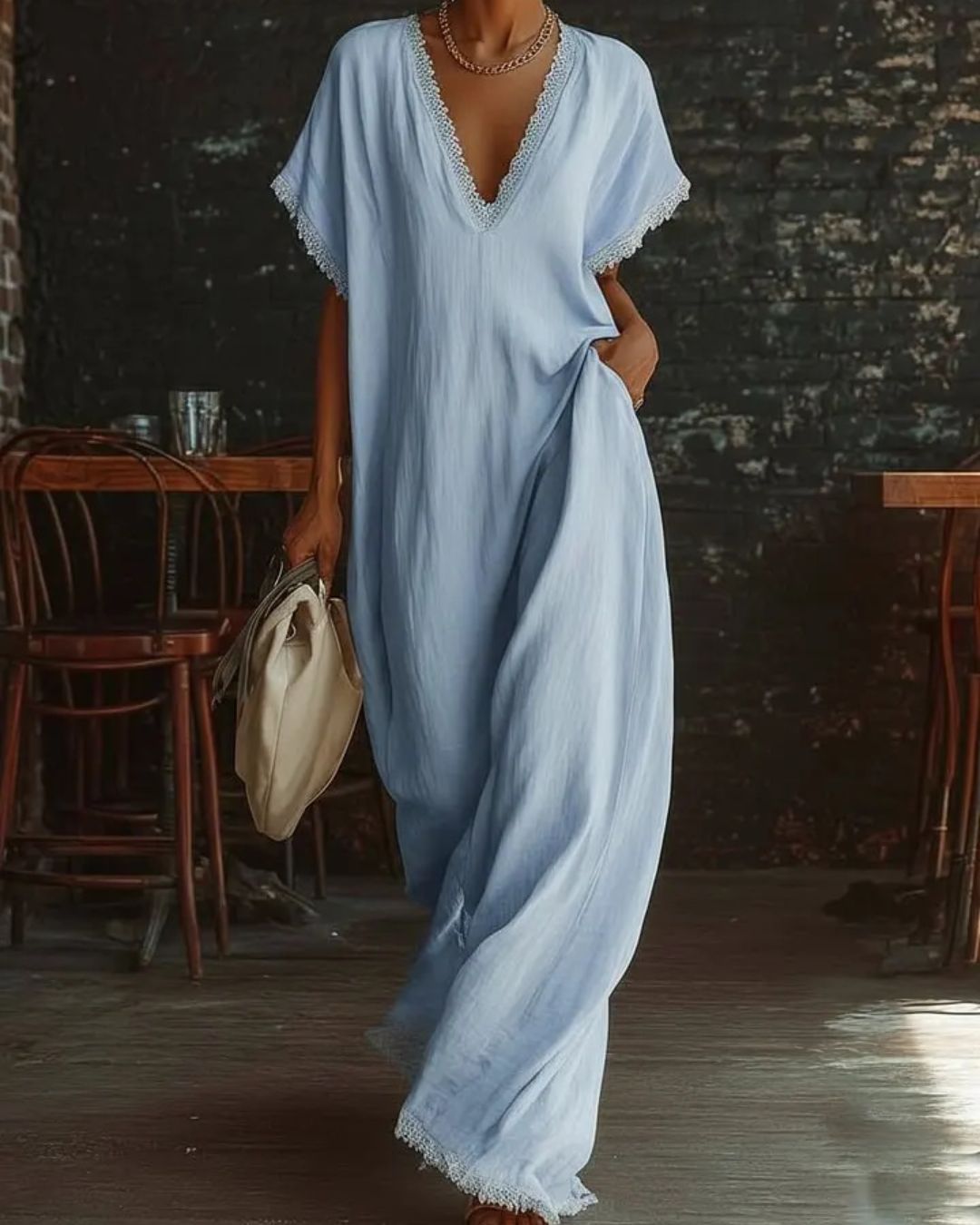 Curvvvy™ Boho Lace Trim Flowy A-Line Maxi Dress