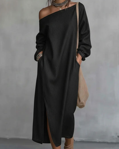 Curvvvy™ Loose-fitting One Shoulder Split Hem Midi Dress