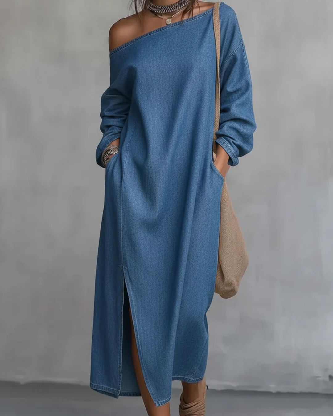 Curvvvy™ Loose-fitting One Shoulder Split Hem Midi Dress