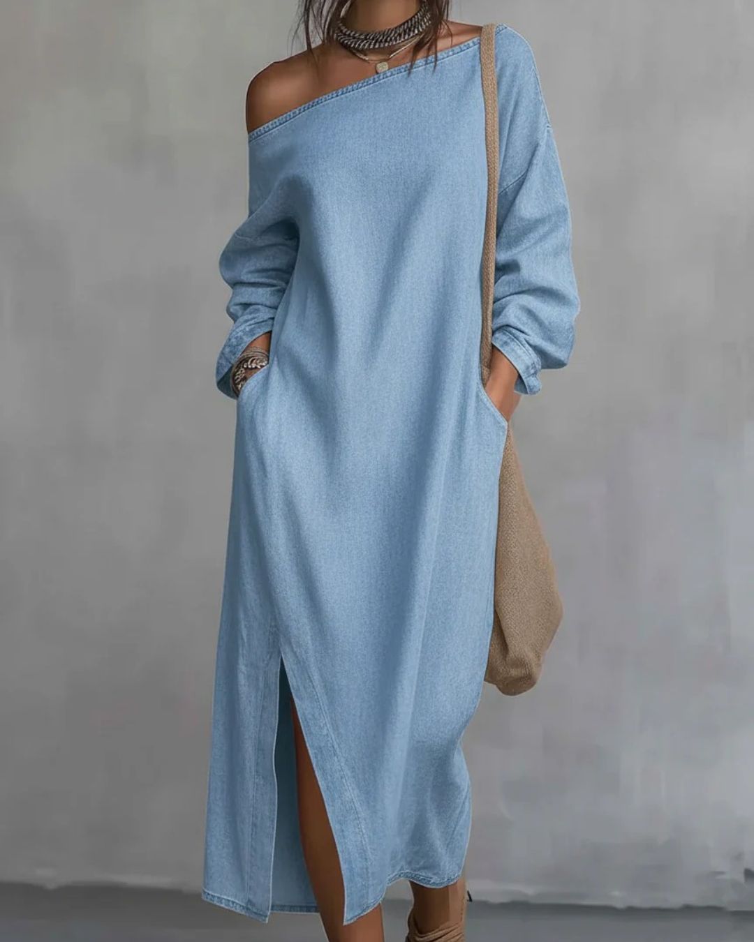 Curvvvy™ Loose-fitting One Shoulder Split Hem Midi Dress
