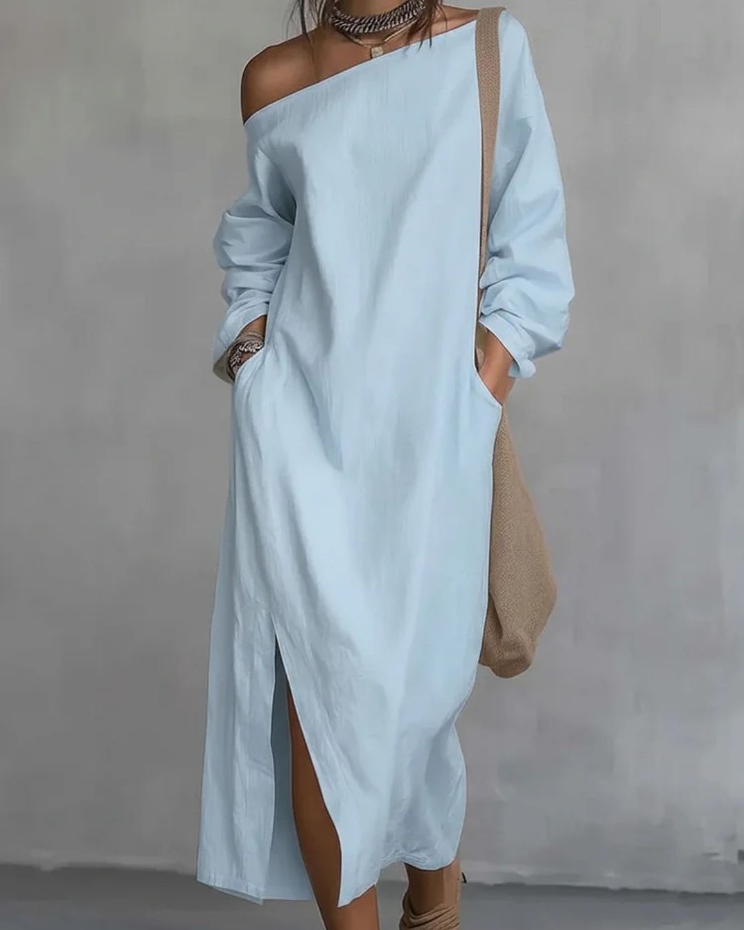 Curvvvy™ Loose-fitting One Shoulder Split Hem Midi Dress