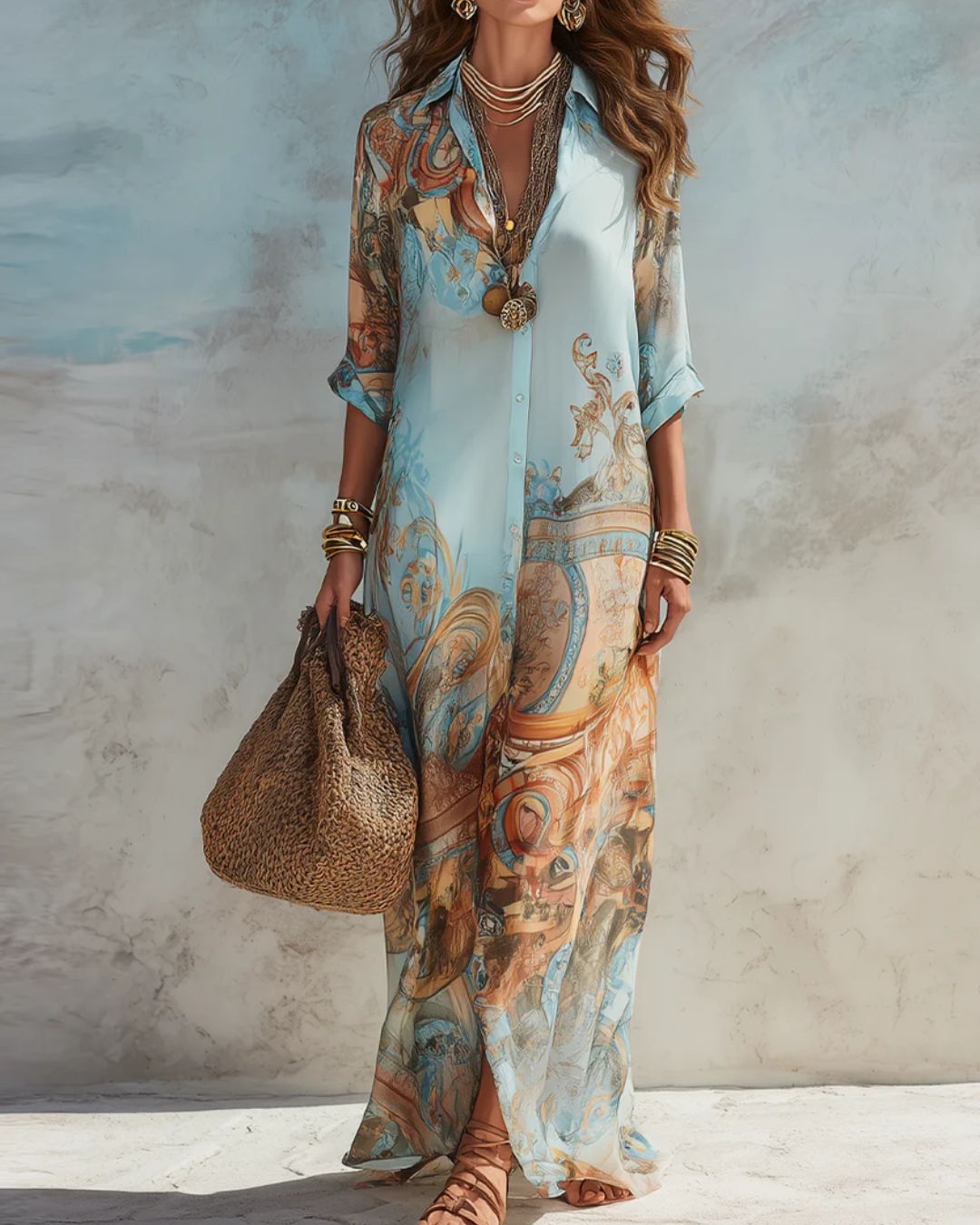 Curvvvy™ Baroque Style Floral Ocean Maxi Dress