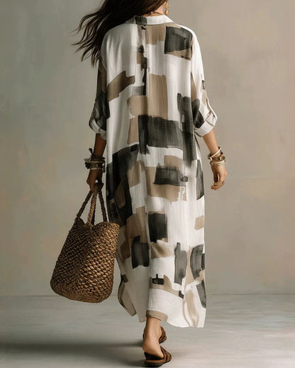 Curvvvy™ Boho Abstract Print Button-Front Maxi Dress