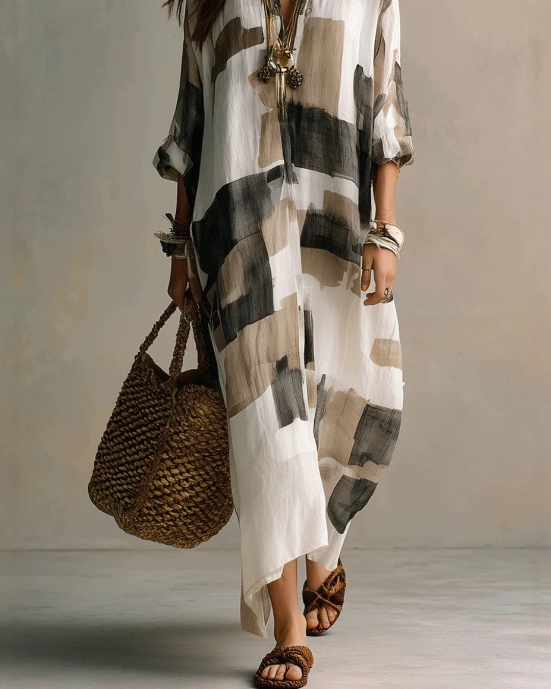 Curvvvy™ Boho Abstract Print Button-Front Maxi Dress