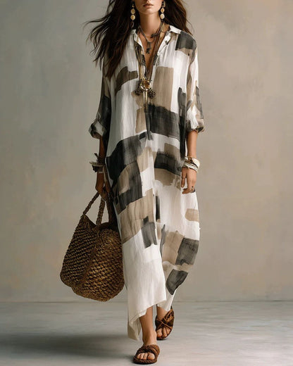 Curvvvy™ Boho Abstract Print Button-Front Maxi Dress