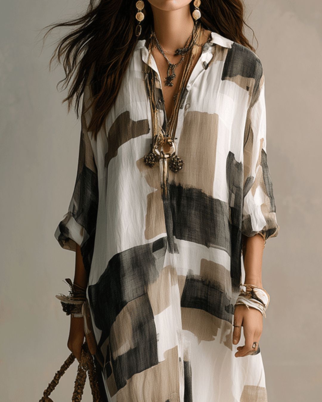 Curvvvy™ Boho Abstract Print Button-Front Maxi Dress