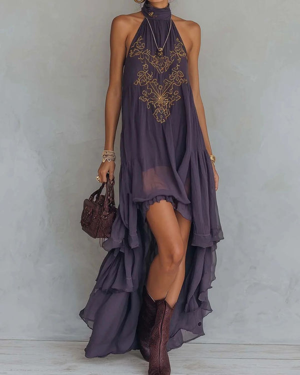Curvvvy™ Retro Halter Neck Irregular Ruffle Maxi Dress