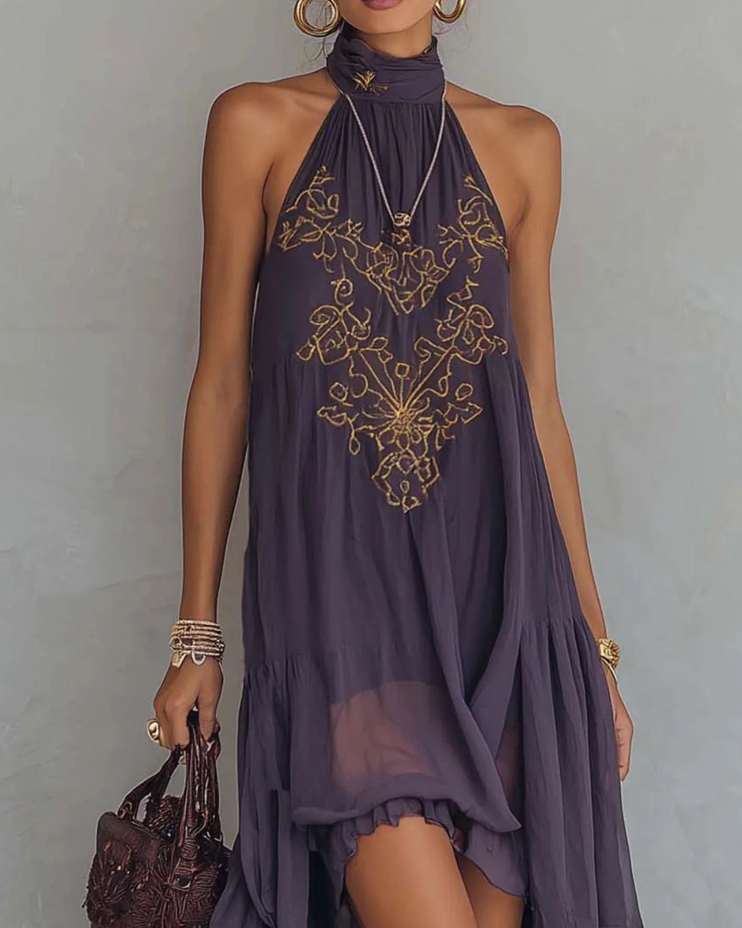 Curvvvy™ Retro Halter Neck Irregular Ruffle Maxi Dress