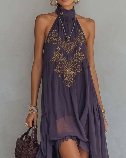 Curvvvy™ Retro Halter Neck Irregular Ruffle Maxi Dress