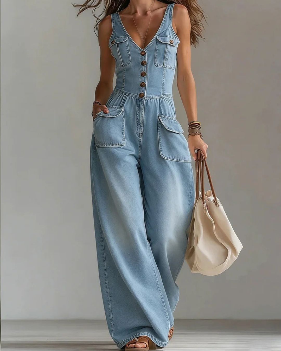 Curvvvy™ Washed Denim Loose-Fit Sleeveless Jumpsuit with Straps