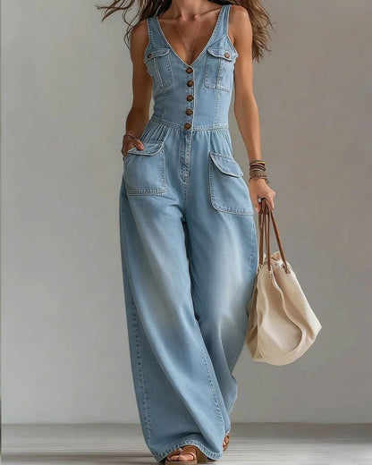 Curvvvy™ Washed Denim Loose-Fit Sleeveless Jumpsuit with Straps