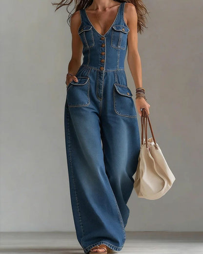Curvvvy™ Washed Denim Loose-Fit Sleeveless Jumpsuit with Straps