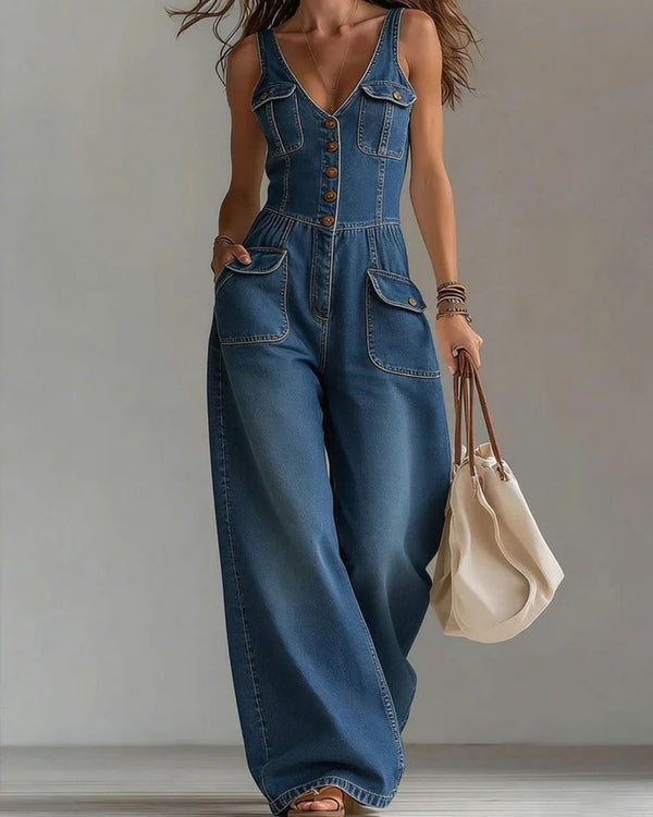 Curvvvy™ Washed Denim Loose-Fit Sleeveless Jumpsuit with Straps
