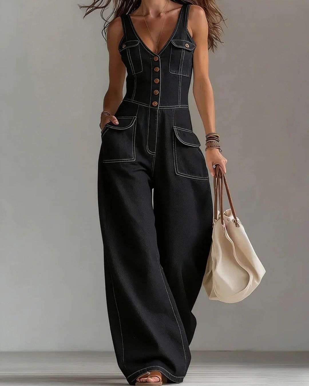 Curvvvy™ Washed Denim Loose-Fit Sleeveless Jumpsuit with Straps