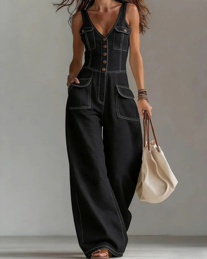 Curvvvy™ Washed Denim Loose-Fit Sleeveless Jumpsuit with Straps