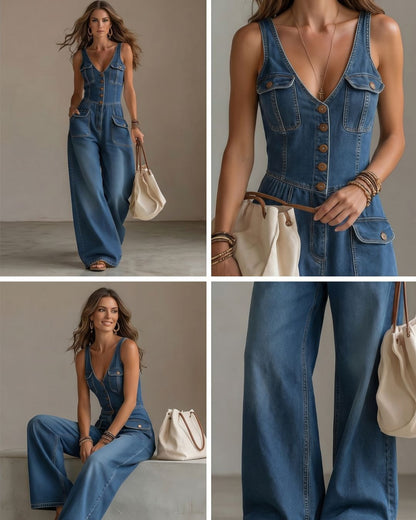 Curvvvy™ Washed Denim Loose-Fit Sleeveless Jumpsuit with Straps