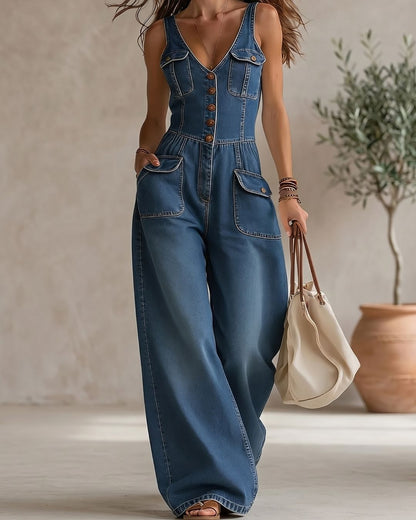 Curvvvy™ Washed Denim Loose-Fit Sleeveless Jumpsuit with Straps