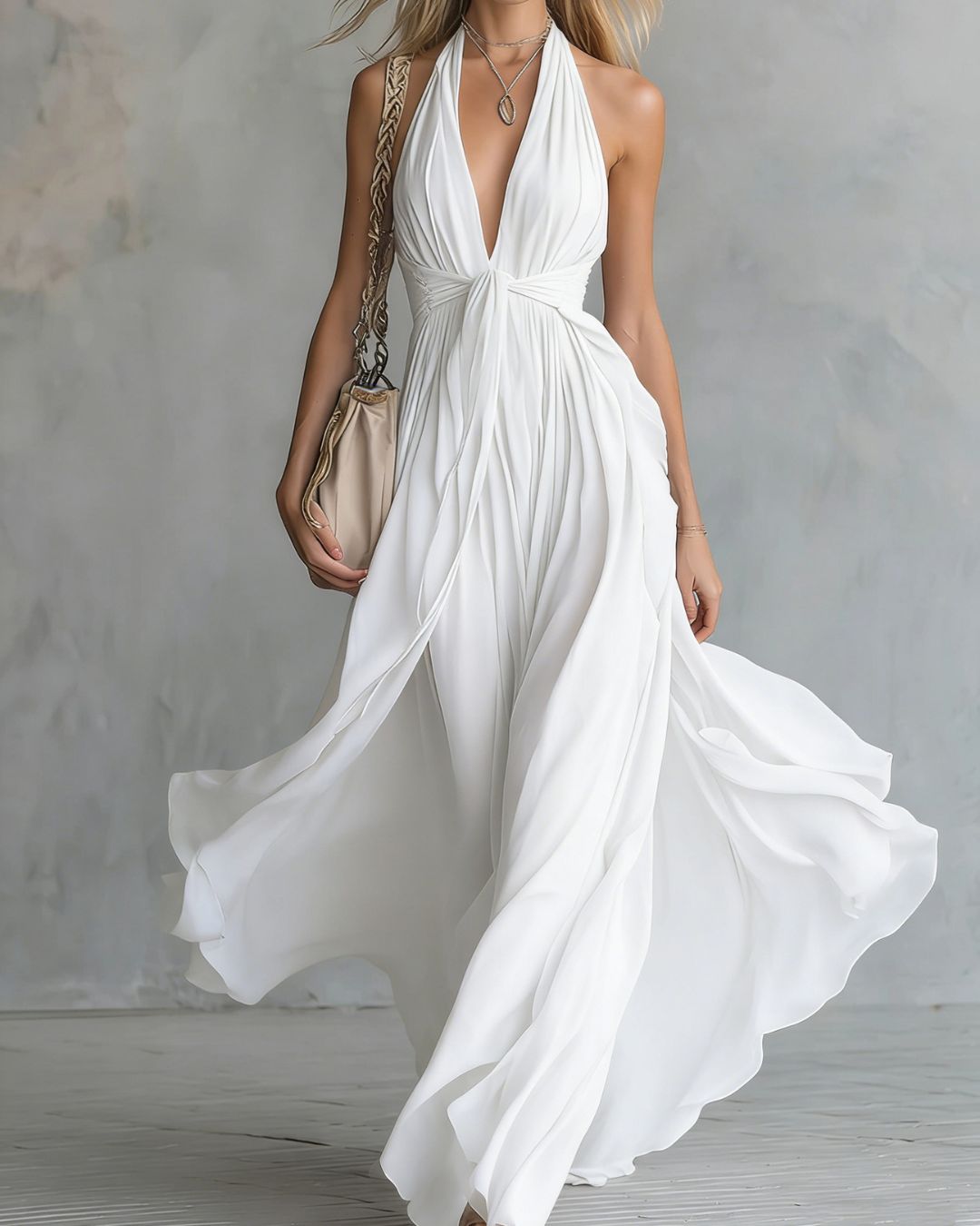 Curvvvy™ Deep V Halter Maxi Dress Cinched Waist Flowing Skirt Elegant Evening & Vacation Dress
