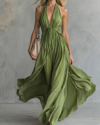 Curvvvy™ Deep V Halter Maxi Dress Cinched Waist Flowing Skirt Elegant Evening & Vacation Dress