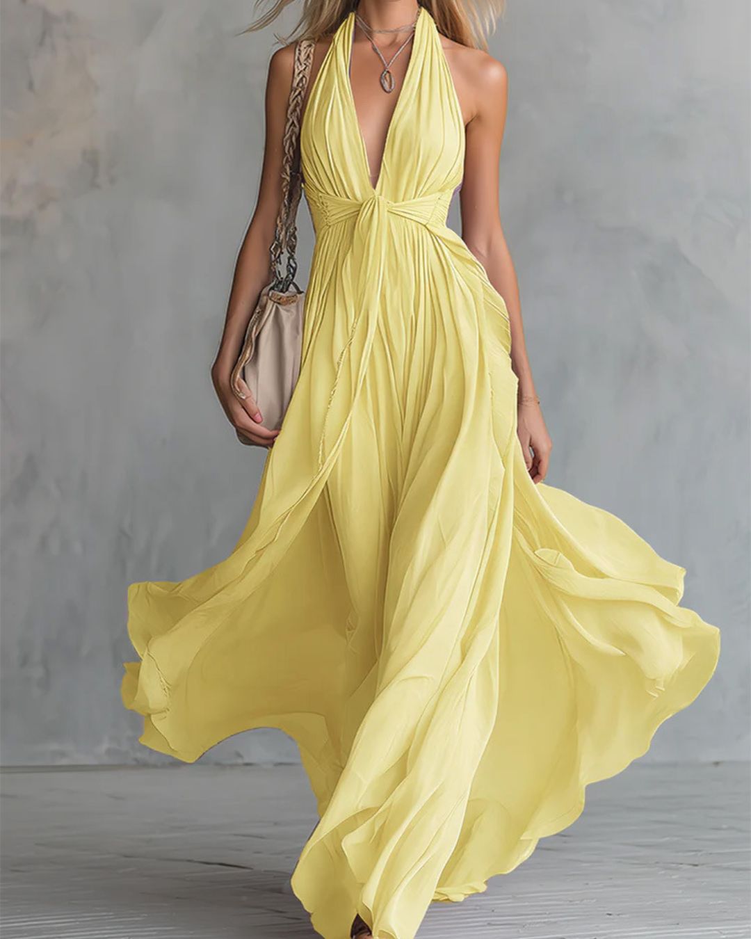 Curvvvy™ Deep V Halter Maxi Dress Cinched Waist Flowing Skirt Elegant Evening & Vacation Dress