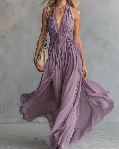 Curvvvy™ Deep V Halter Maxi Dress Cinched Waist Flowing Skirt Elegant Evening & Vacation Dress