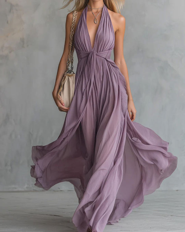 Curvvvy™ Deep V Halter Maxi Dress Cinched Waist Flowing Skirt Elegant Evening & Vacation Dress
