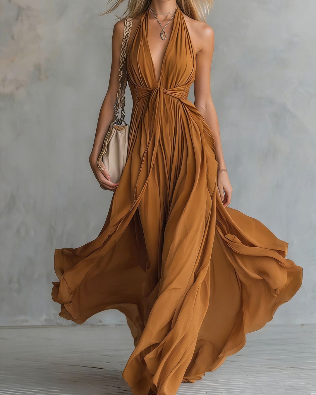 Curvvvy™ Deep V Halter Maxi Dress Cinched Waist Flowing Skirt Elegant Evening & Vacation Dress