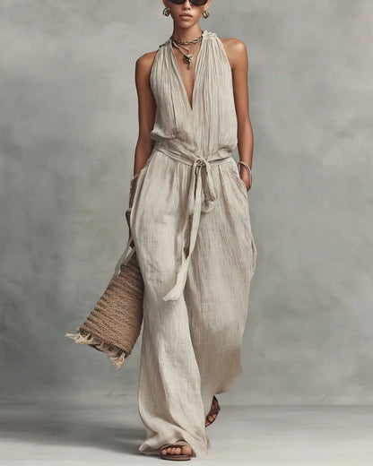 Curvvvy™ Deep V Halter Jumpsuit Adjustable Tie Waist Wide Leg Boho Resort Outfit