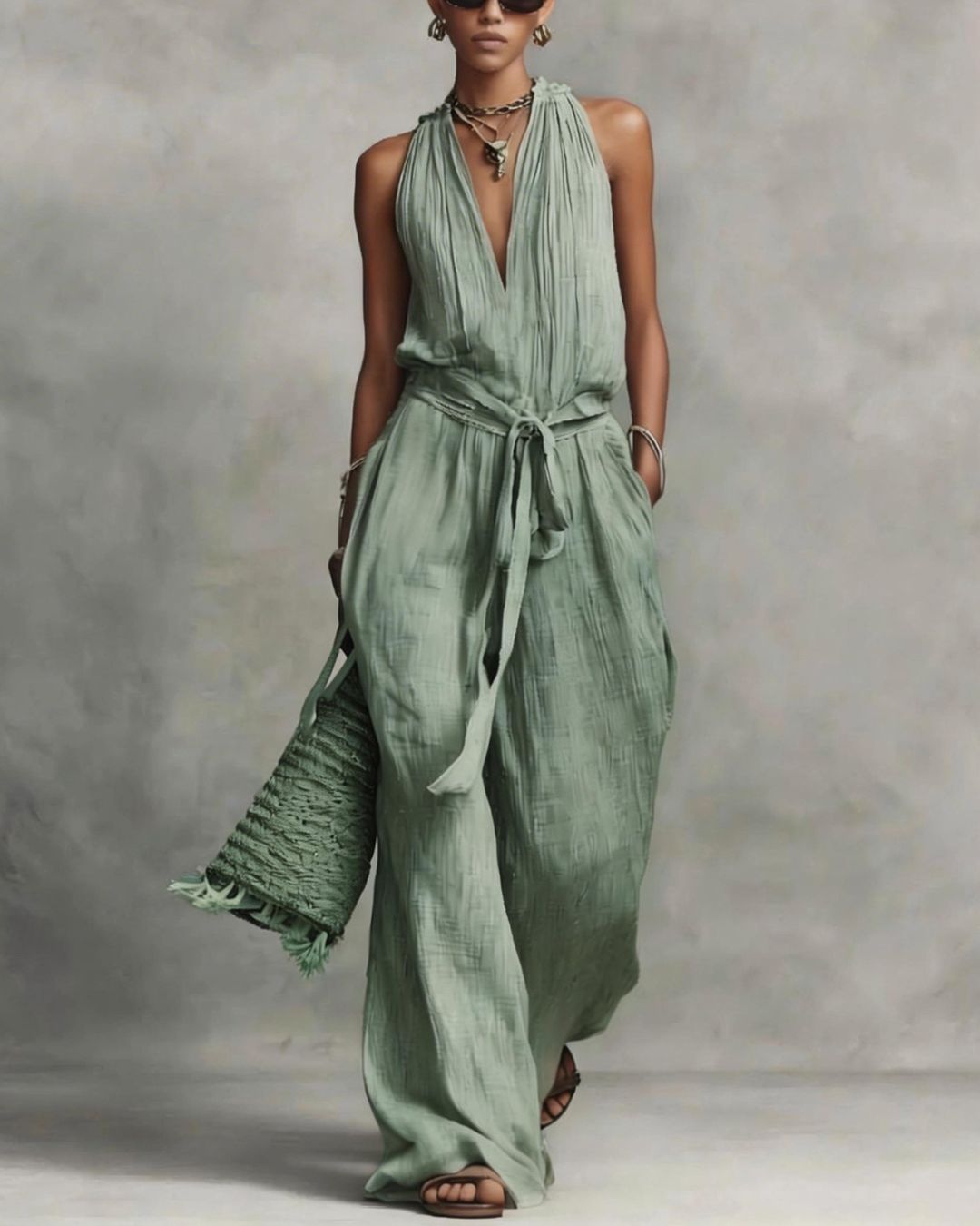 Curvvvy™ Deep V Halter Jumpsuit Adjustable Tie Waist Wide Leg Boho Resort Outfit
