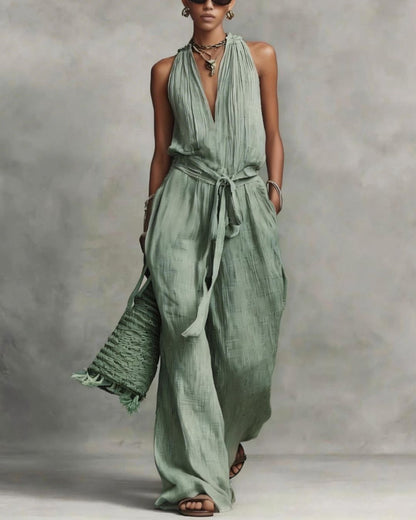 Curvvvy™ Deep V Halter Jumpsuit Adjustable Tie Waist Wide Leg Boho Resort Outfit