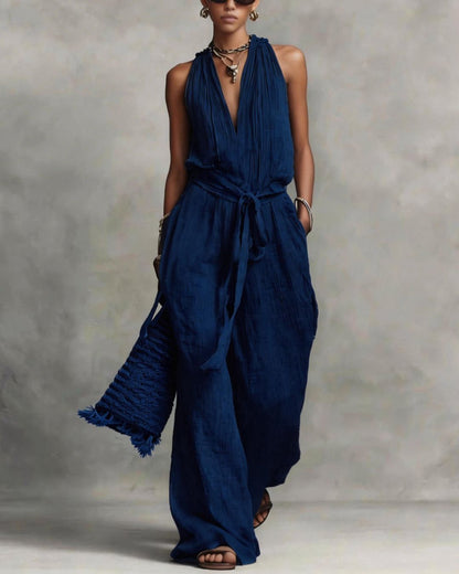 Curvvvy™ Deep V Halter Jumpsuit Adjustable Tie Waist Wide Leg Boho Resort Outfit