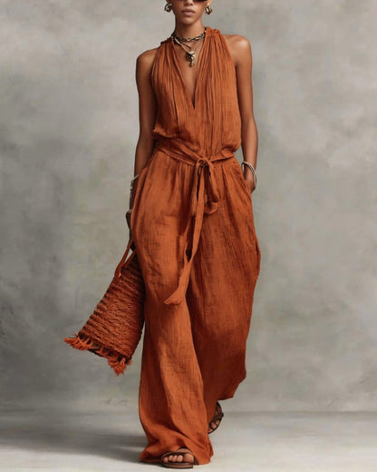 Curvvvy™ Deep V Halter Jumpsuit Adjustable Tie Waist Wide Leg Boho Resort Outfit