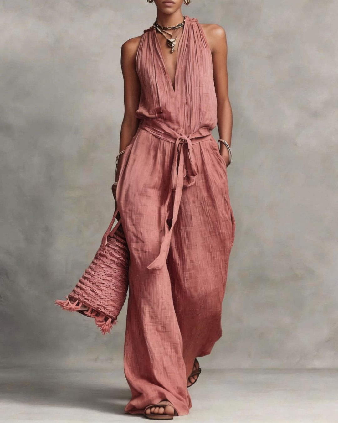 Curvvvy™ Deep V Halter Jumpsuit Adjustable Tie Waist Wide Leg Boho Resort Outfit
