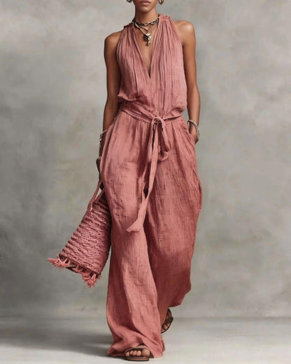 Curvvvy™ Deep V Halter Jumpsuit Adjustable Tie Waist Wide Leg Boho Resort Outfit