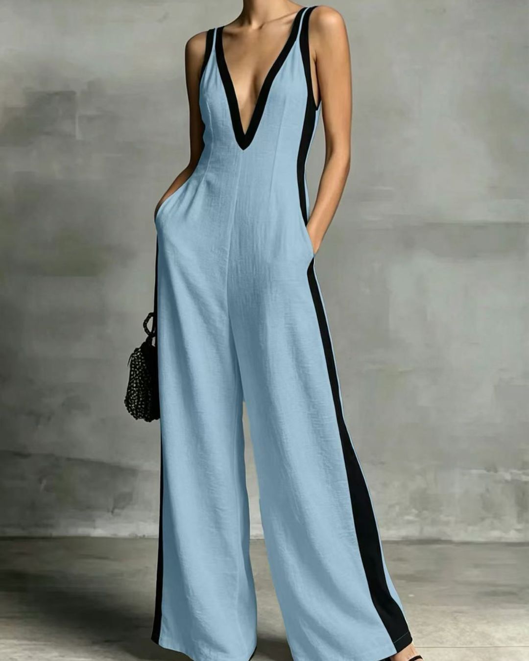 Curvvvy™ Monochrome Stripe Jumpsuit Deep V-Neck Wide Leg Elegant Tailored Outfit