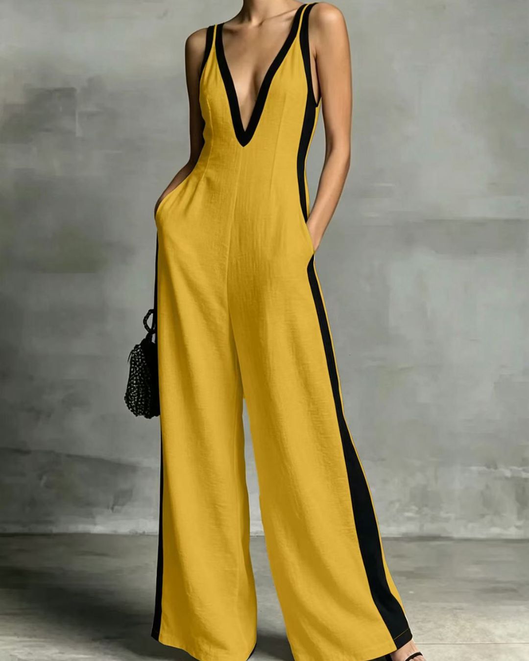 Curvvvy™ Monochrome Stripe Jumpsuit Deep V-Neck Wide Leg Elegant Tailored Outfit