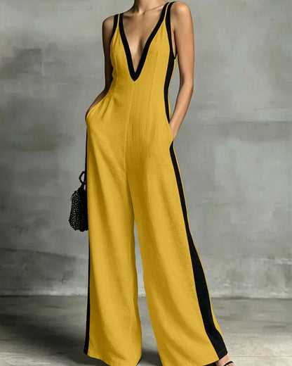 Curvvvy™ Monochrome Stripe Jumpsuit Deep V-Neck Wide Leg Elegant Tailored Outfit