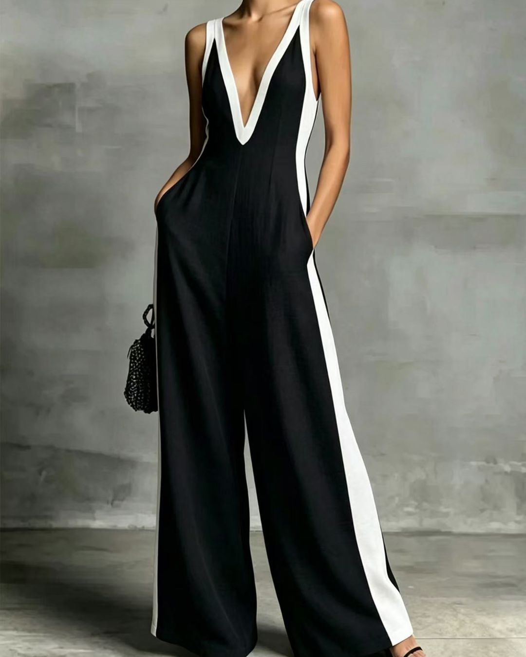 Curvvvy™ Monochrome Stripe Jumpsuit Deep V-Neck Wide Leg Elegant Tailored Outfit