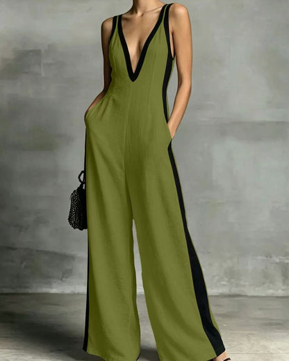 Curvvvy™ Monochrome Stripe Jumpsuit Deep V-Neck Wide Leg Elegant Tailored Outfit