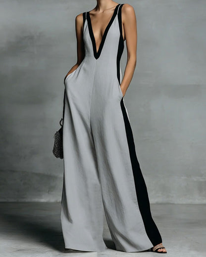 Curvvvy™ Monochrome Stripe Jumpsuit Deep V-Neck Wide Leg Elegant Tailored Outfit