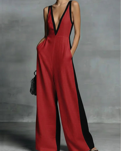 Curvvvy™ Monochrome Stripe Jumpsuit Deep V-Neck Wide Leg Elegant Tailored Outfit