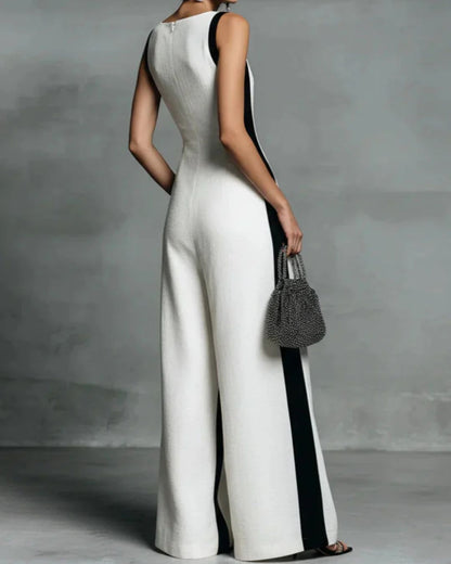 Curvvvy™ Monochrome Stripe Jumpsuit Deep V-Neck Wide Leg Elegant Tailored Outfit