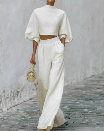 Puff Sleeve Crop Top & Wide Leg Pants